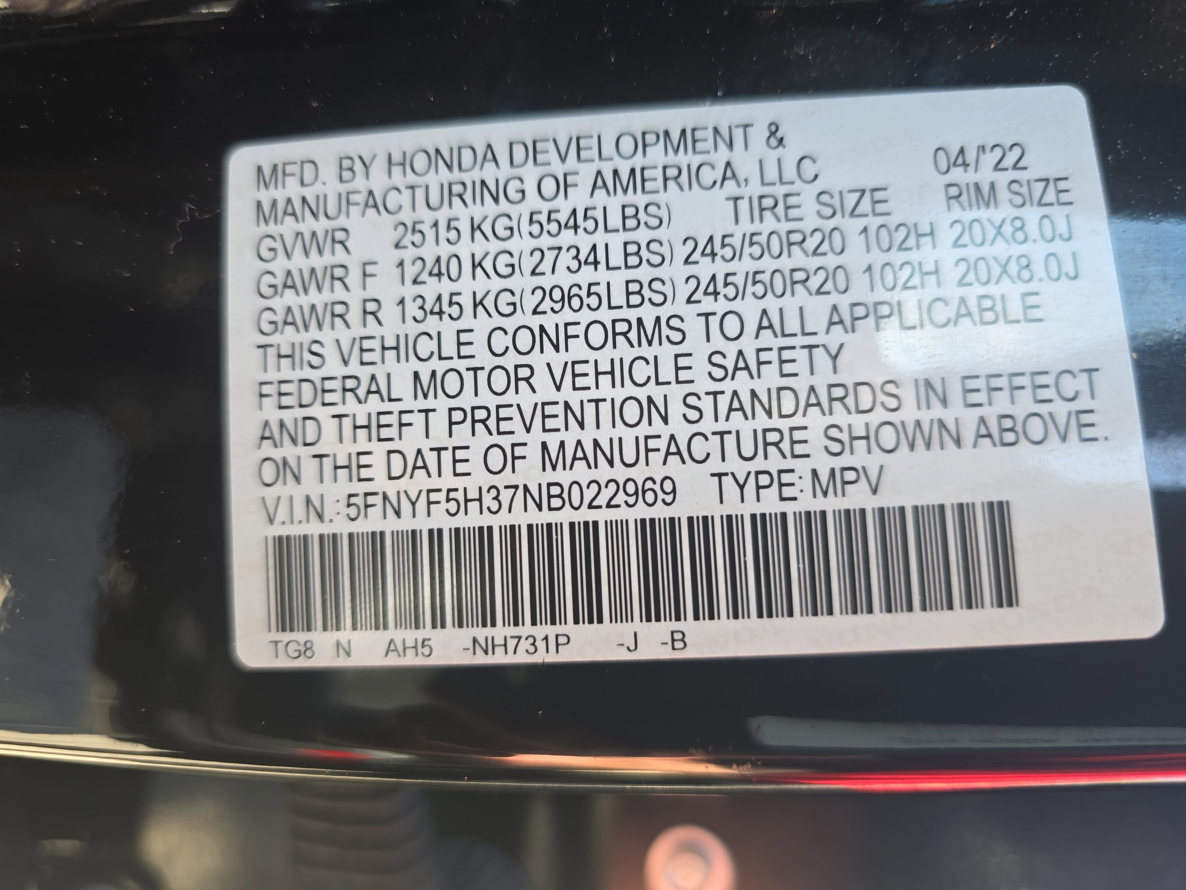 2022 Honda Pilot Sport 2WD