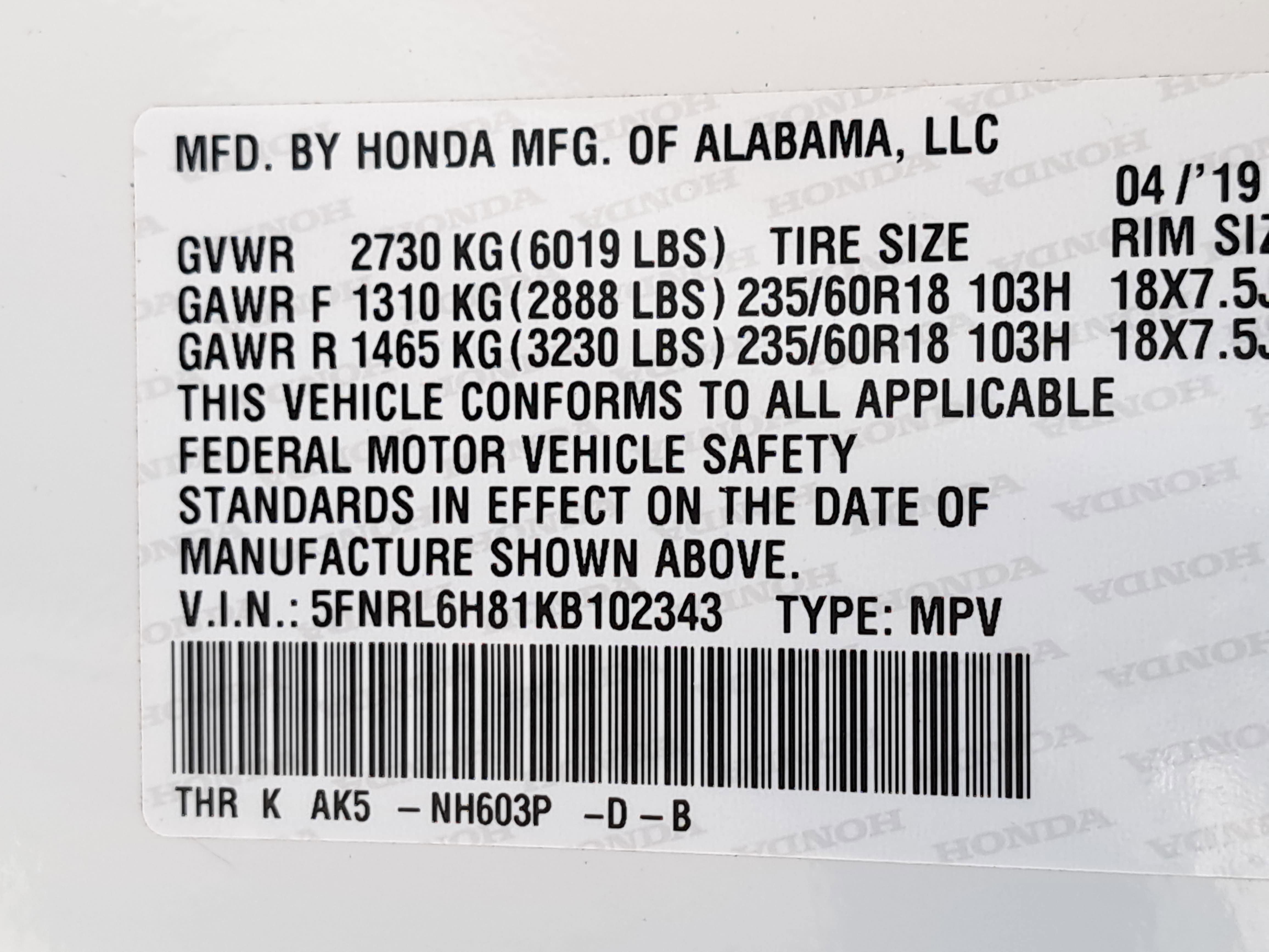 2019 Honda Odyssey Touring