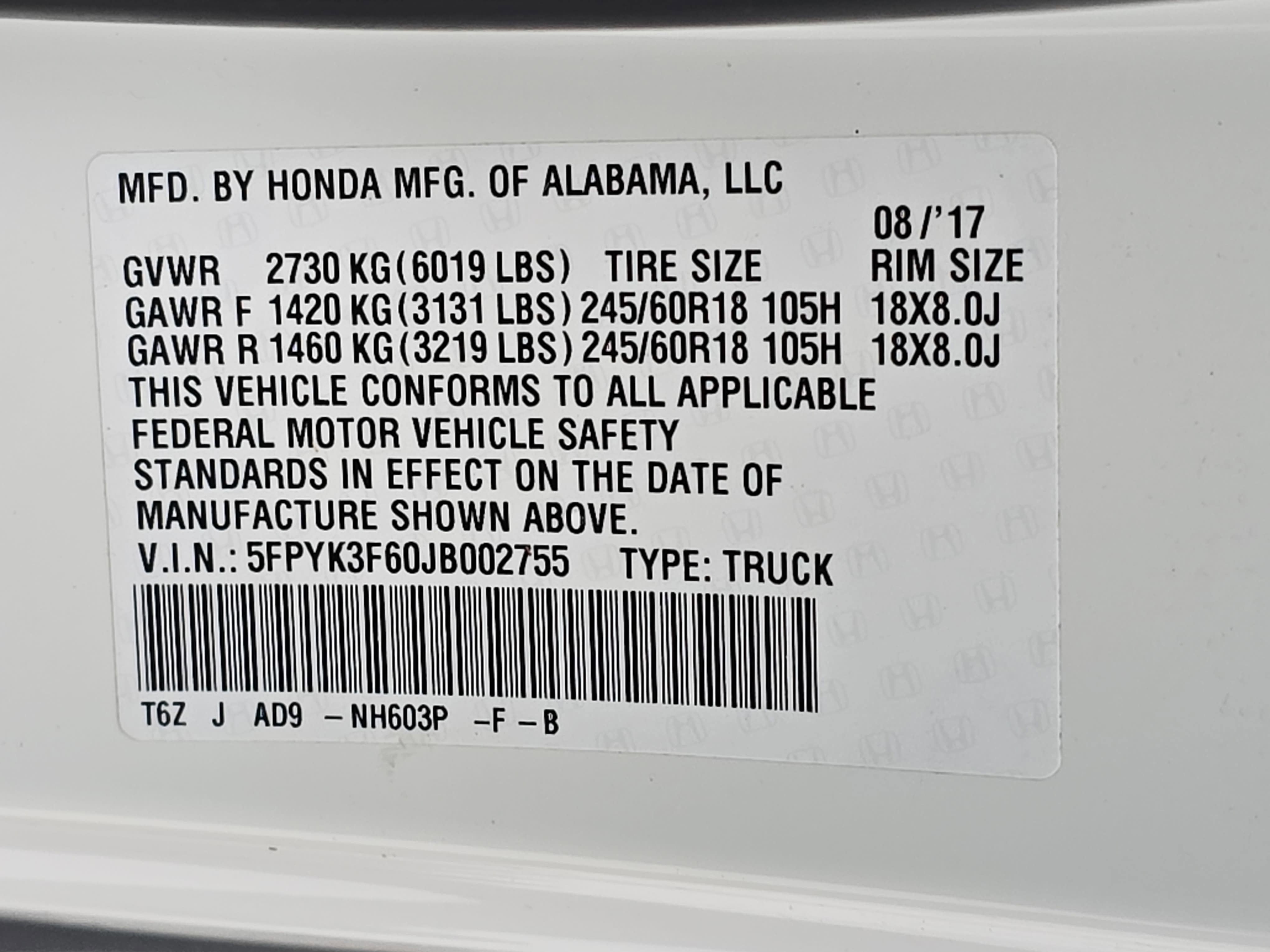 2018 Honda Ridgeline RTL-T